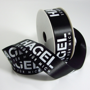 Geschenkband mit Logo - Band schwarz mit weißem Druck