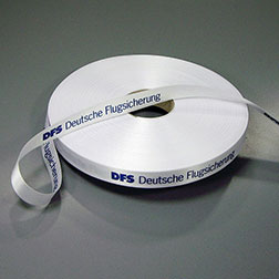 Paris Blanc Satinband 10 mm - Firmenlogo im Buchdruck
