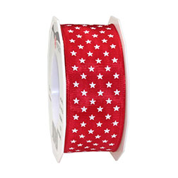 MINI-STARS rot 40 mm - Seidenband bedruckt mit Drahtkante