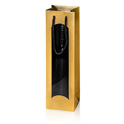 Flaschentragetasche 1er mit Fenster - gold/schwarz mit Prägung in Leinenstruktur und Kordel