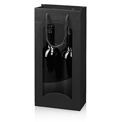 Flaschentragetasche 2er mit Fenster - schwarz mit Prägung in Leinenstruktur und Kordel