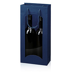 Flaschentragetasche 2er mit Fenster - blau mit Prägung in Leinenstruktur und Kordel