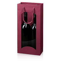 Flaschentragetasche 2er mit Fenster - bordeaux mit Prägung in Leinenstruktur und Kordel