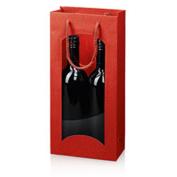 Flaschentragetasche 2er mit Fenster - rot mit Prägung in Leinenstruktur und Kordel