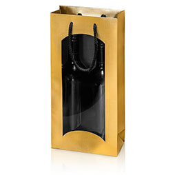 Flaschentragetasche 2er mit Fenster - gold/schwarz mit Prägung in Leinenstruktur und Kordel